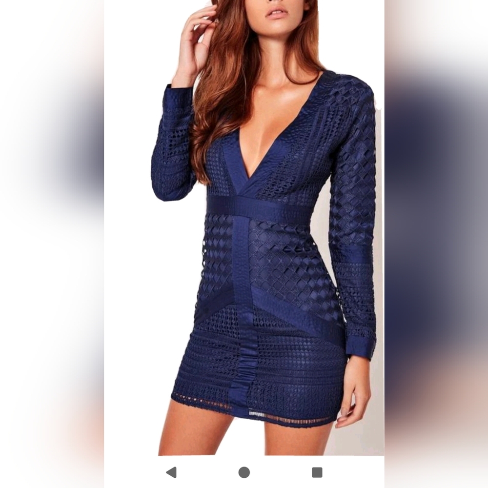 New, Missguided Blue Lace Plunge Bodycon Lined Mini Dress. Size 0